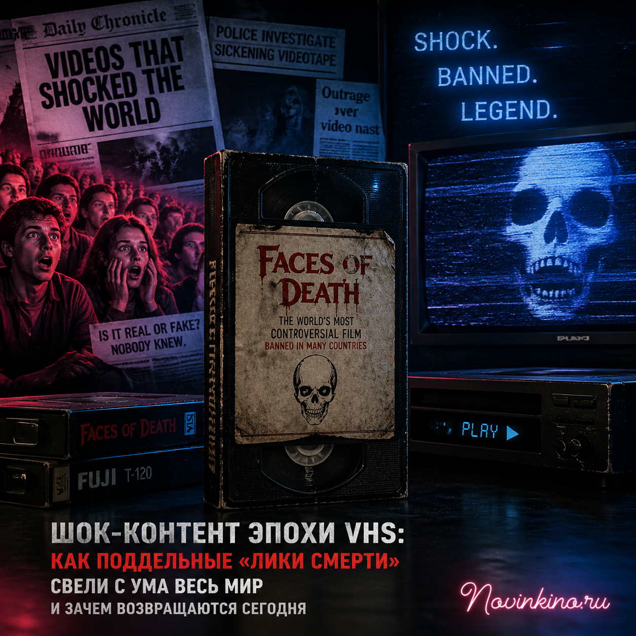 Обложка в стиле ретро VHS с искаженным изображением лица в ужасе, зернистая пленка, надпись «Faces of Death» на старой видеокассете, красные и черные тона, эффект глитча и помех