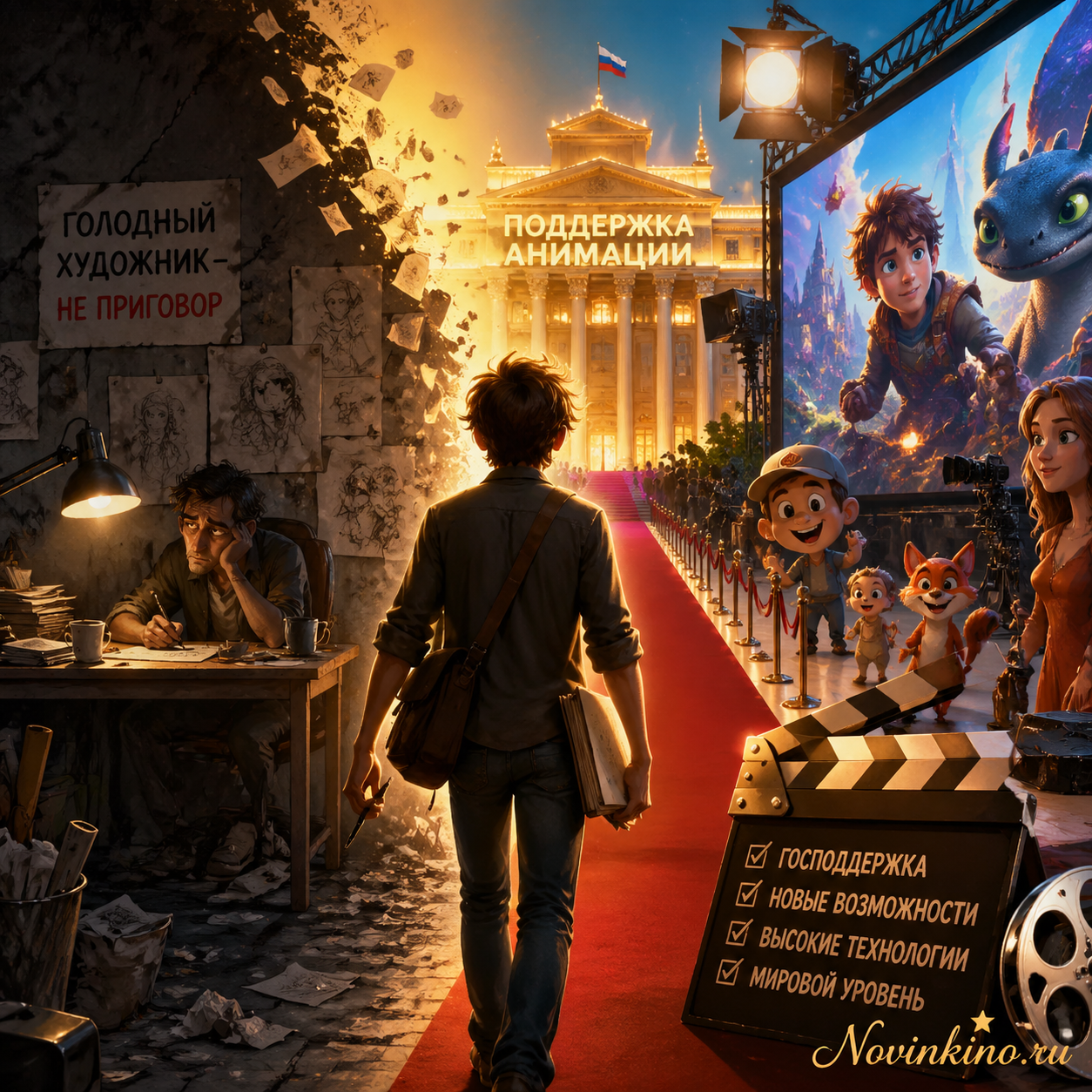Яркий постер с современными анимационными героями в кинематографичном стиле, сидящими на стопке денег с надписью «Госфинансирование», на фоне голливудских блокбастеров и традиционных «голодных» художников анимации прошлого.