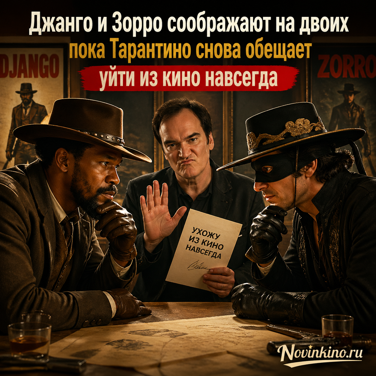 Humorous illustration of Django and Zorro drinking and plotting ideas, with a reference to Quentin Tarantino promising to retire from filmmaking forever.