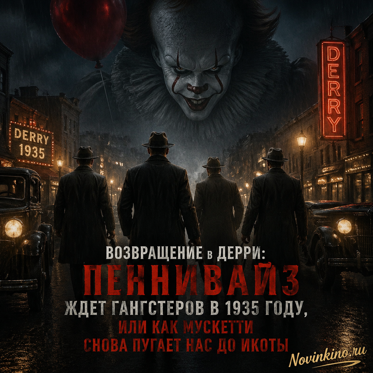 Пеннивайз клоун в костюме 1930-х годов стоит в тёмном переулке Дерри, зловеще улыбаясь и держа красный воздушный шарик. На фоне видны силуэты гангстеров в шляпах и пальто эпохи Великой депрессии. Атмосферный хоррор в стиле фильма «Оно» Андреса Мускетти.