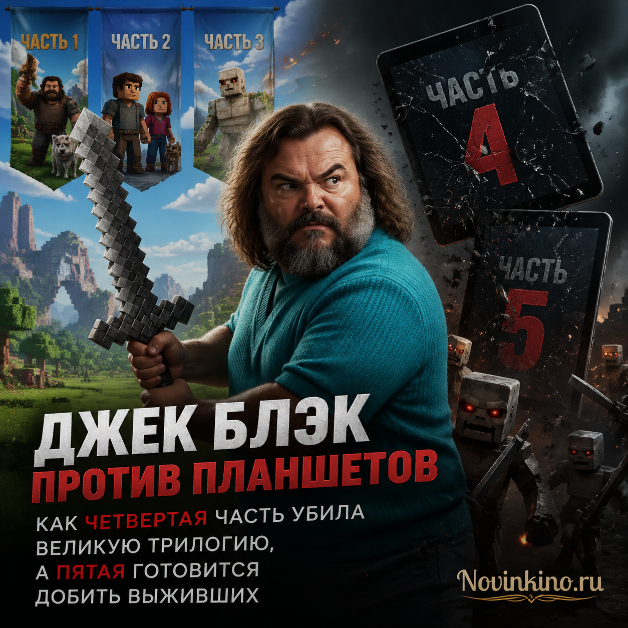 Джек Блэк в ярости сражается с гигантскими планшетами, символизирующими провальные продолжения франшизы. На фоне разрушенной трилогии.