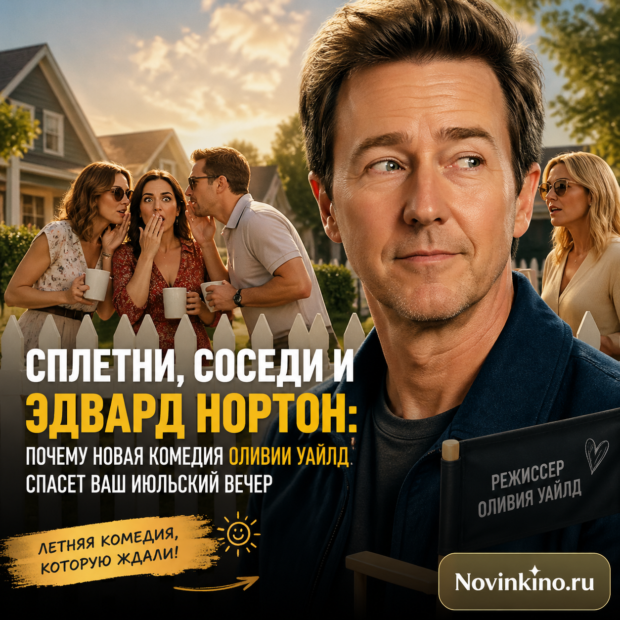 Постер или кадр из новой комедии Оливии Уайлд с Эдвардом Нортоном. Сплетни, соседи, юмор и летняя атмосфера.