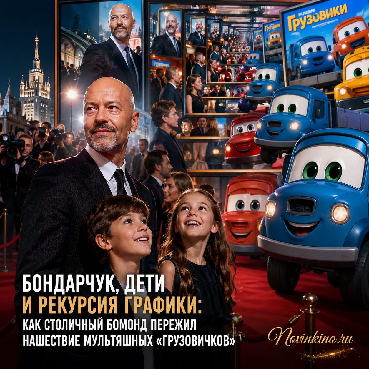 Бондарчук с детьми на фоне рекурсивной графики с мультяшными грузовичками, столичный бомонд в сюрреалистической сцене