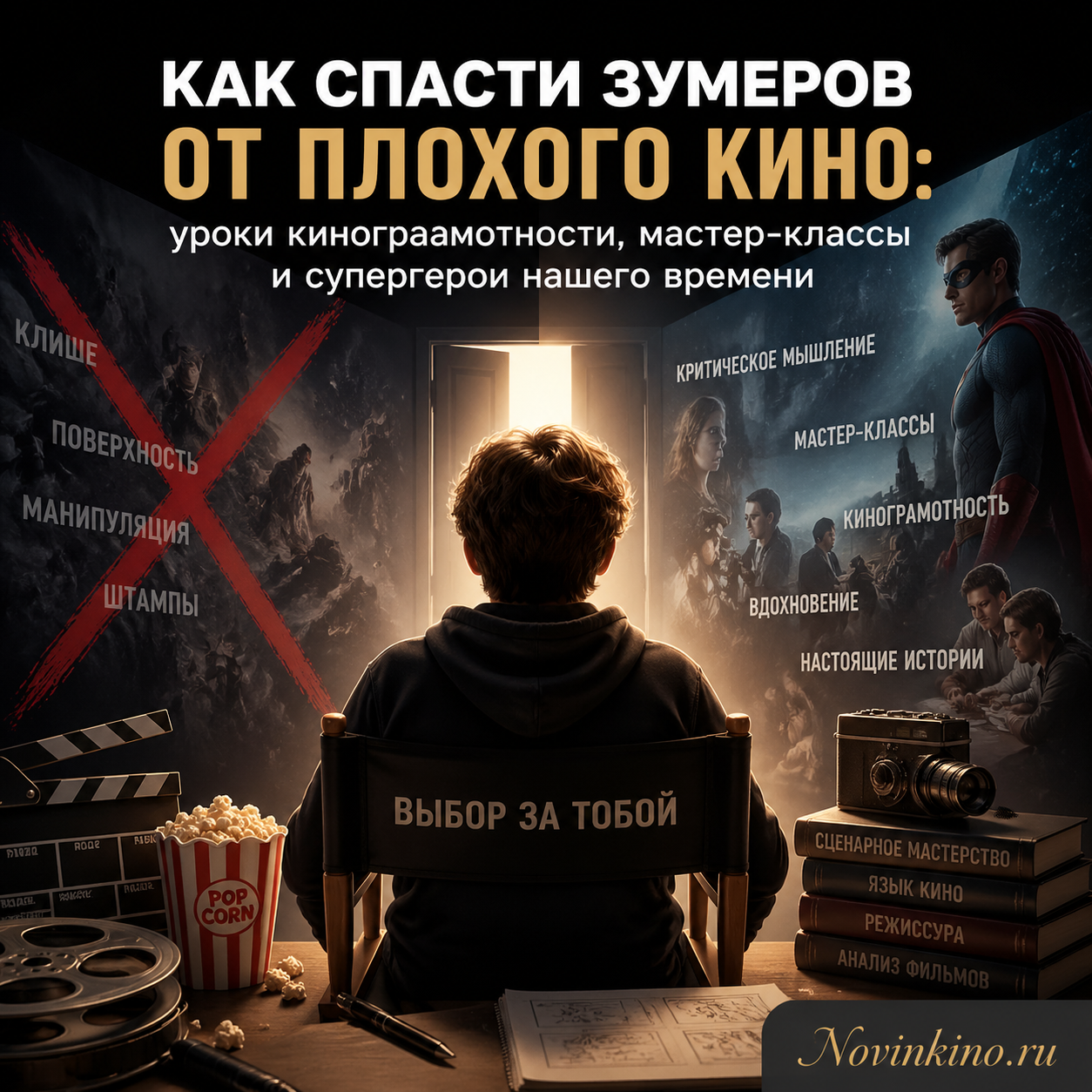 A vibrant illustration of young people attending film literacy workshops, with superheroes symbolizing modern heroes guiding them away from poor movie choices