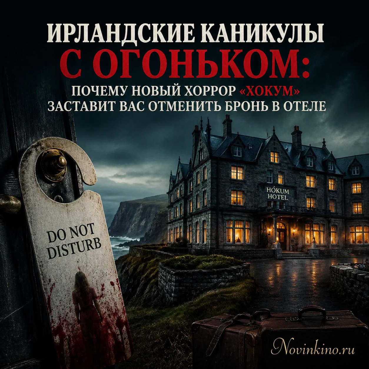 Постер хоррора «Хокум»: зловещий ирландский отель ночью, тёмные коридоры и силуэт с огнём в руках на фоне туманных холмов