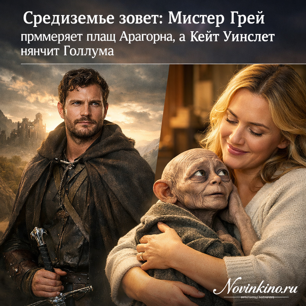 A whimsical scene featuring Mr. Gray wearing Aragorn's cloak from Lord of the Rings, while Kate Winslet gently cares for the character Gollum in a fantastical Middle-earth setting.