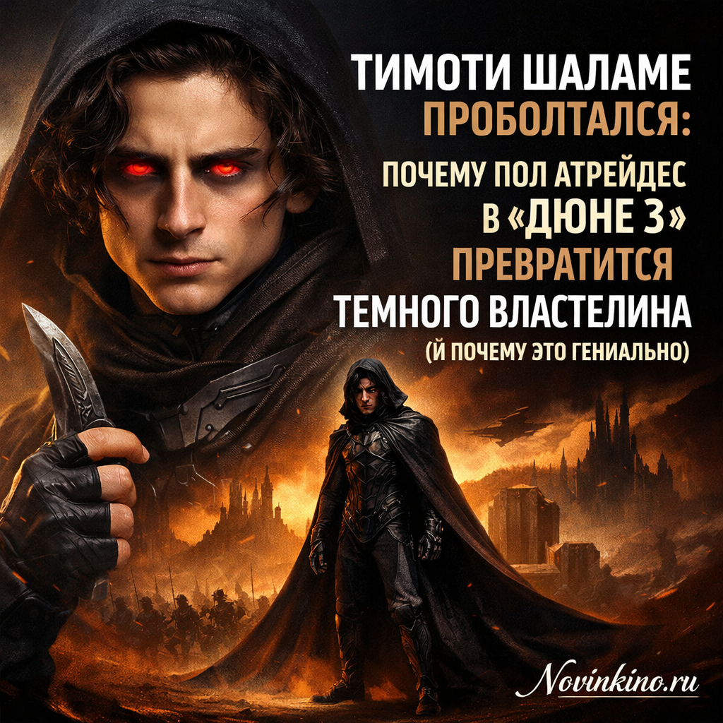 Тимоти Шаламе в роли Пола Атрейдеса из фильма Дюна, с тёмным драматическим освещением, намекающим на превращение в тирана