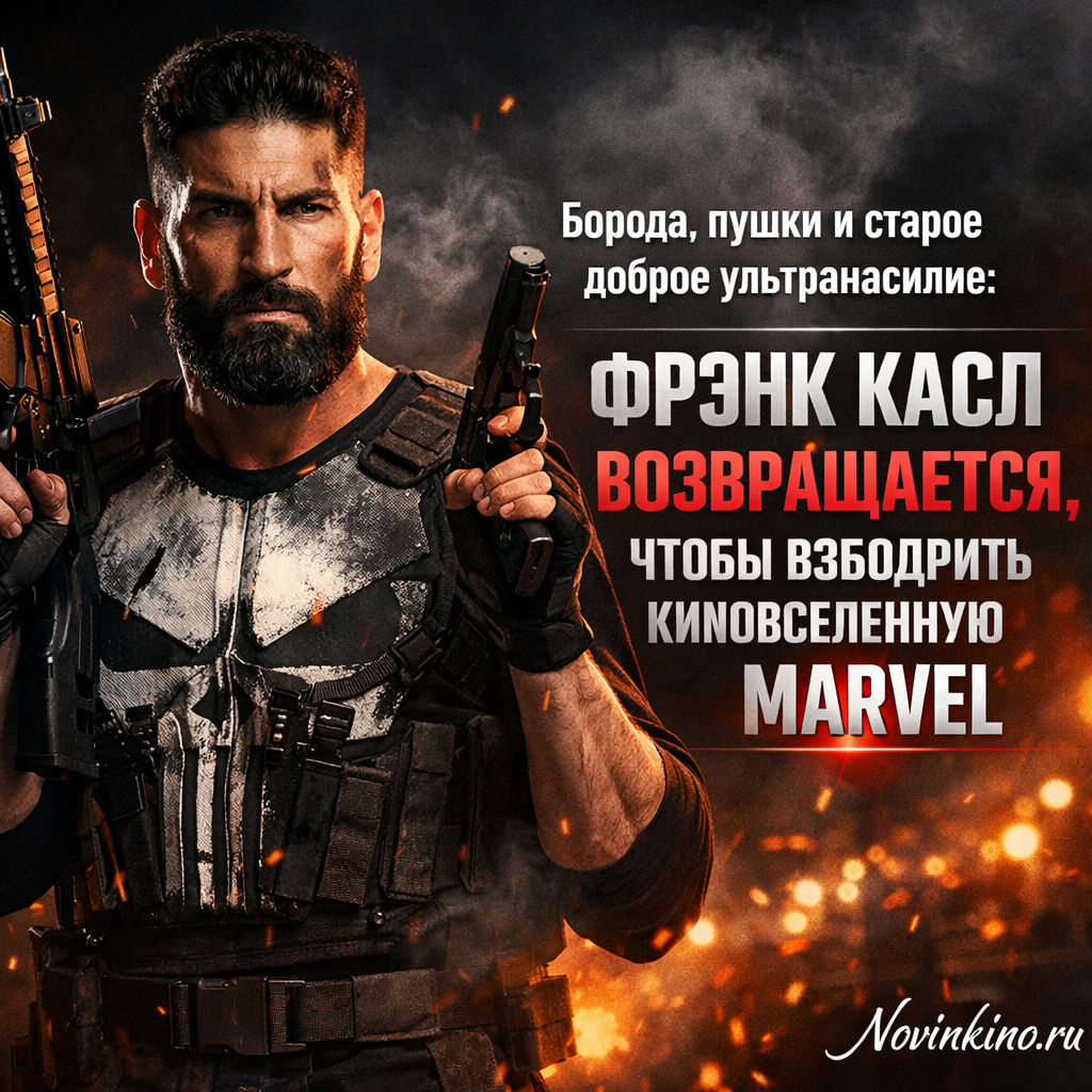 Frank Castle, the Punisher, with a beard, holding weapons, in a scene of intense violence from the Marvel universe
