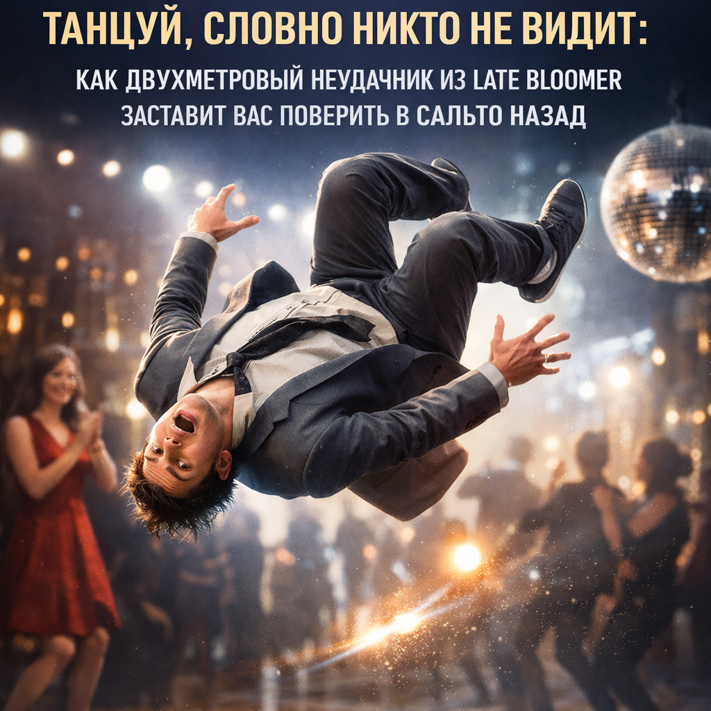 Двухметровый парень из фильма Late Bloomer делает сальто назад на фоне мотивирующей надписи «Танцуй, словно никто не видит»