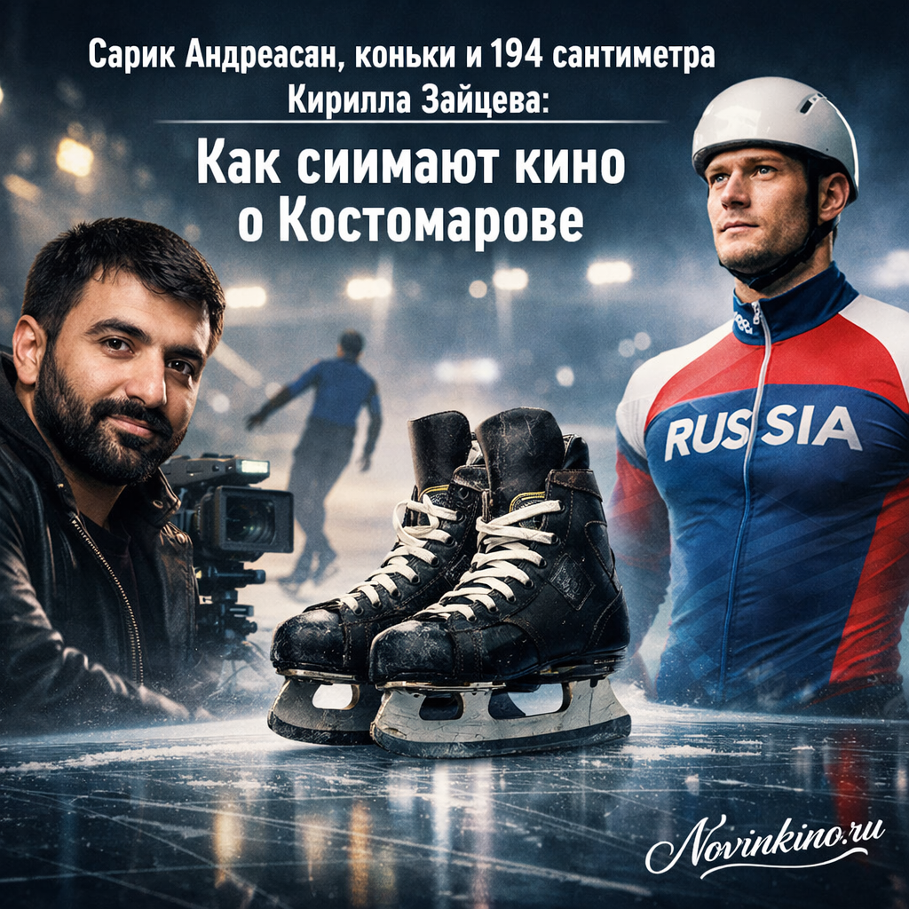 Сарик Андреасян на съёмках фильма о Романе Костомарове с коньками и актёром Кириллом Зайцевым ростом 194 см
