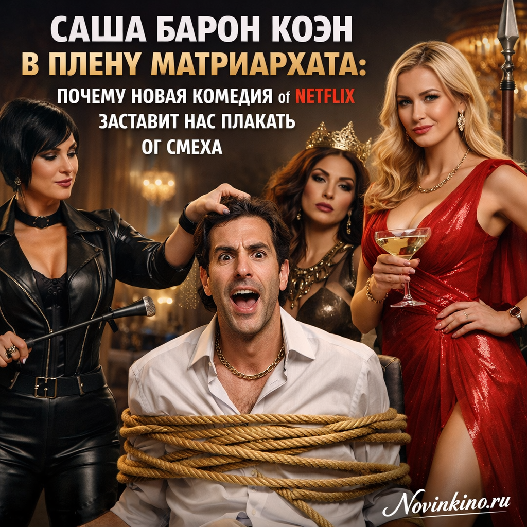 Саша Барон Коэн в образе из новой комедии Netflix, запутанный в символах матриархата, с комичным выражением лица