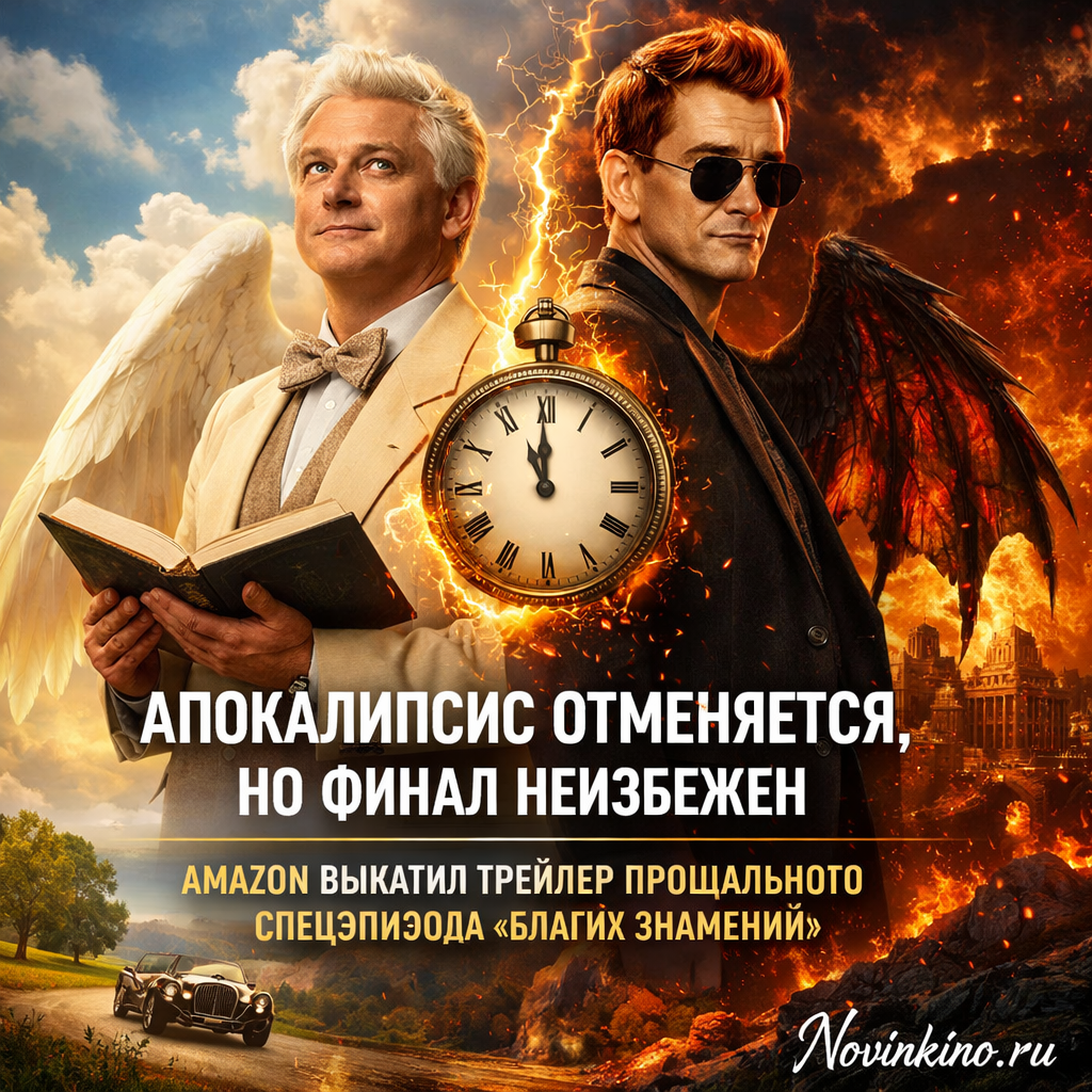 Promotional image featuring characters Crowley and Aziraphale from the series Good Omens, with dramatic elements suggesting the series' conclusion.