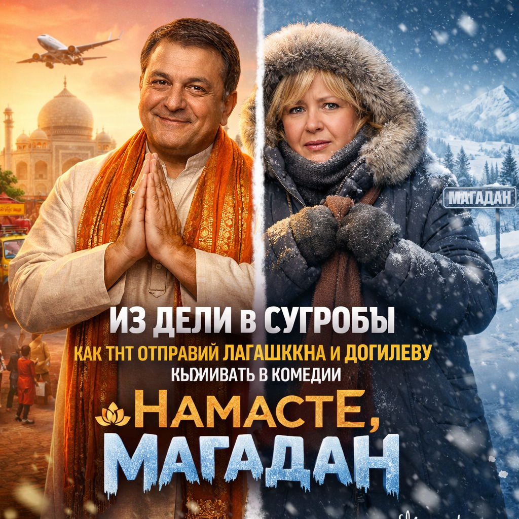Актеры Лагашкин и Догилева в снежных декорациях комедии "Намасте, Магадан"