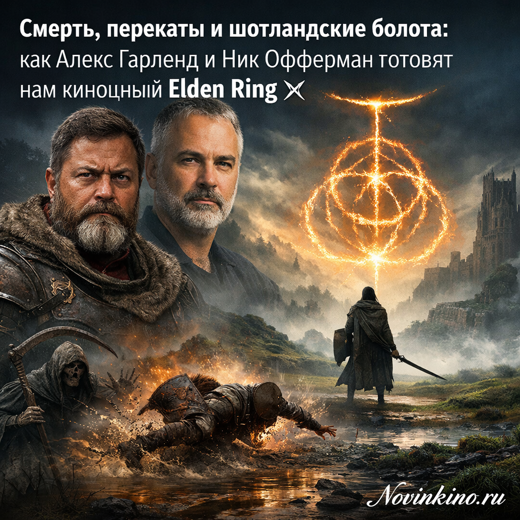 Алекс Гарленд и Ник Офферман на фоне шотландских болот в стиле тёмного фэнтези Elden Ring с элементами смерти и боевых перекатов