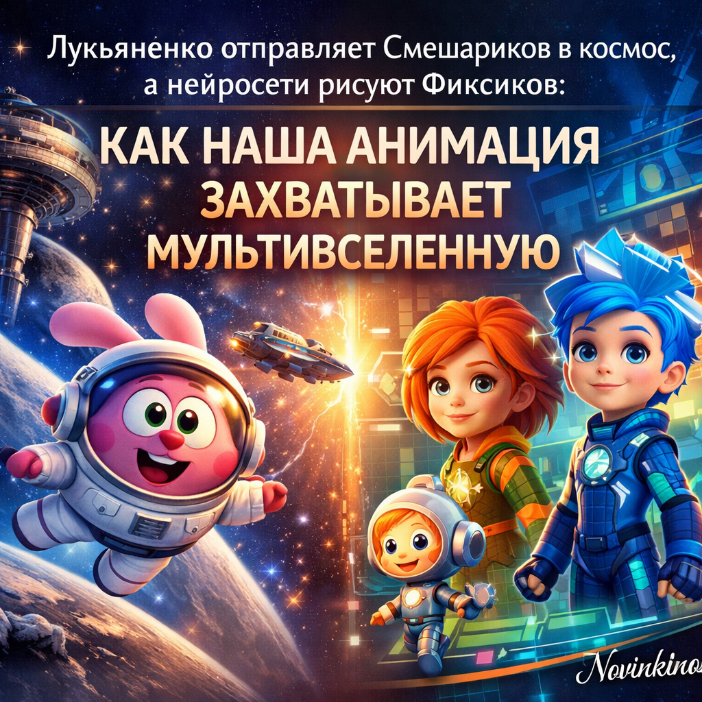 Изображение, сочетающее персонажей Смешариков в космическом окружении и Фиксиков, нарисованных в стиле нейросетевой графики, символизирующее новые горизонты российской анимации.