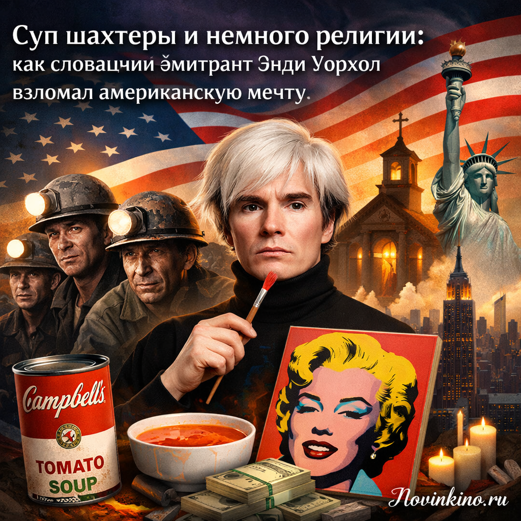 Collage depicting Andy Warhol, bowls of soup, religious iconography, and symbols of American success.