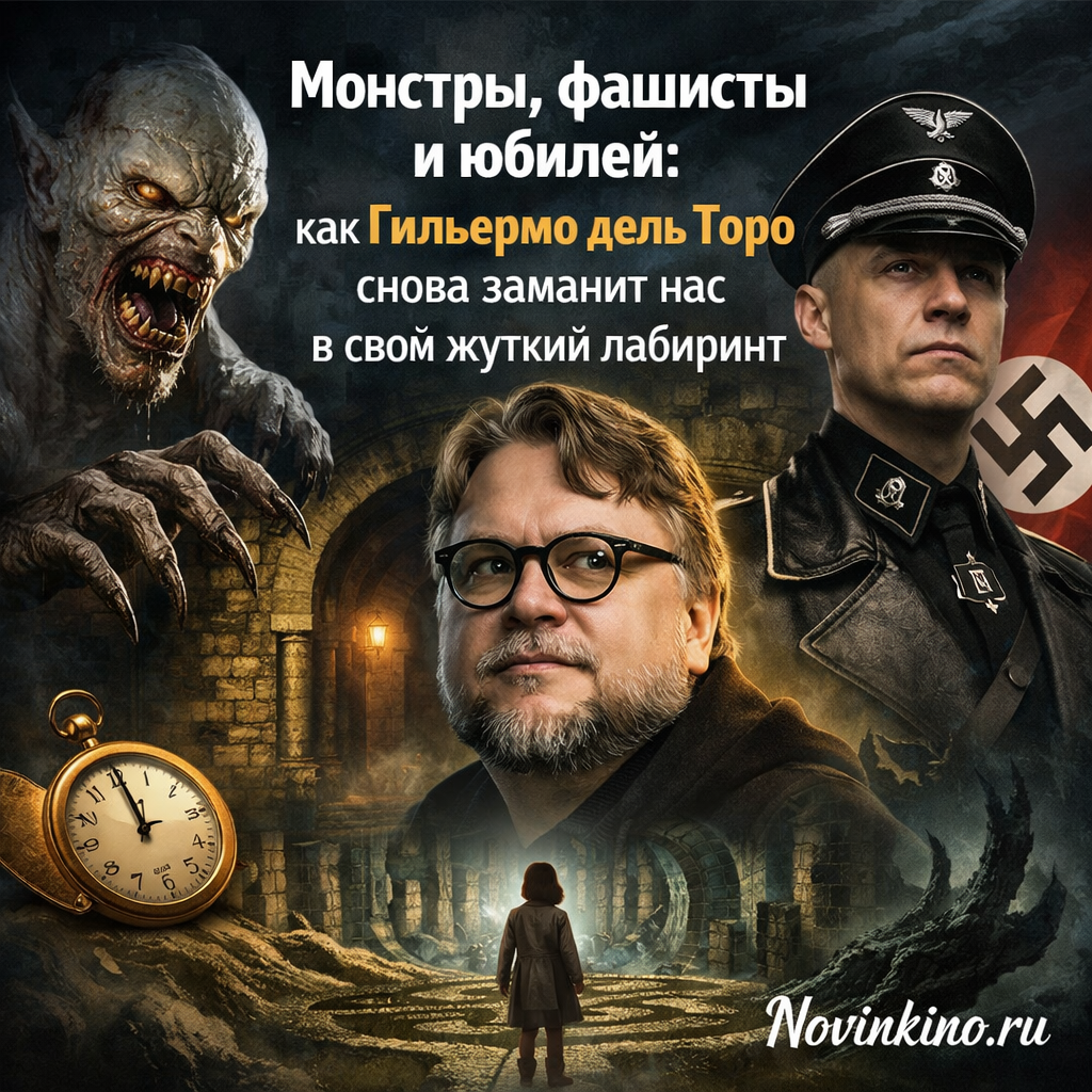 Изображение в стиле Гильермо дель Торо, сочетающее образы мифических монстров и намеки на исторический контекст фашизма, создающее атмосферу таинственности и ужаса.