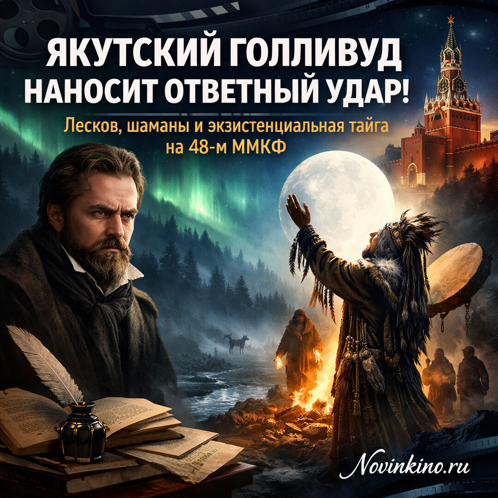 Постер или кадр с мероприятия 48-го Московского международного кинофестиваля, посвящённого якутскому кино: суровая тайга, шаман в традиционном костюме с бубном, силуэт режиссёра или актёра на фоне заснеженного леса, надпись «Якутский Голливуд» в стилизованном шрифте