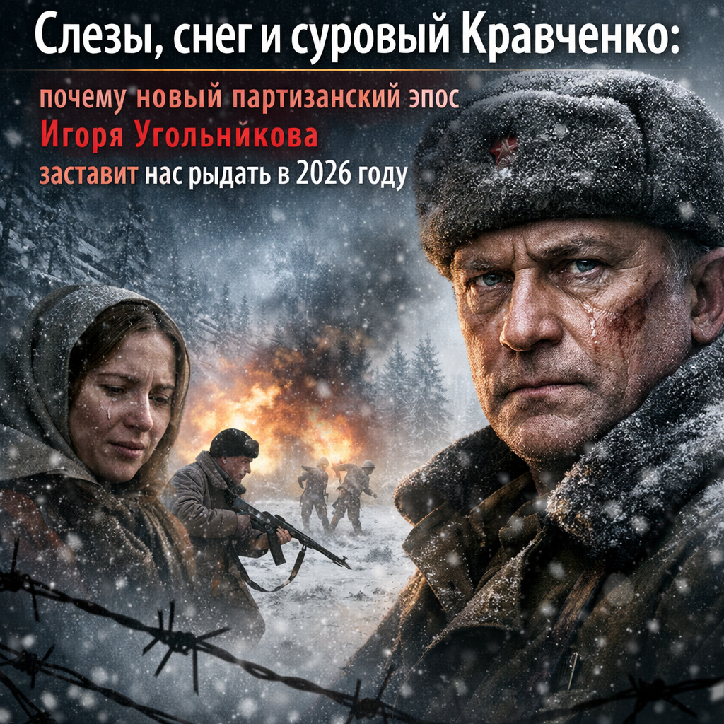 Суровый Кравченко в снегу с партизанами на фоне зимнего леса, кадр из нового фильма Игоря Угольникова