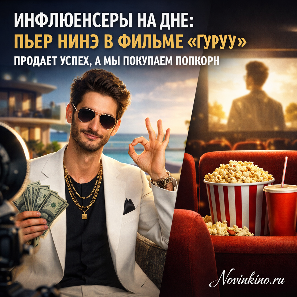 Pierre Niney as a guru selling success in the film 'Guru', with an audience buying popcorn to symbolize passive consumption