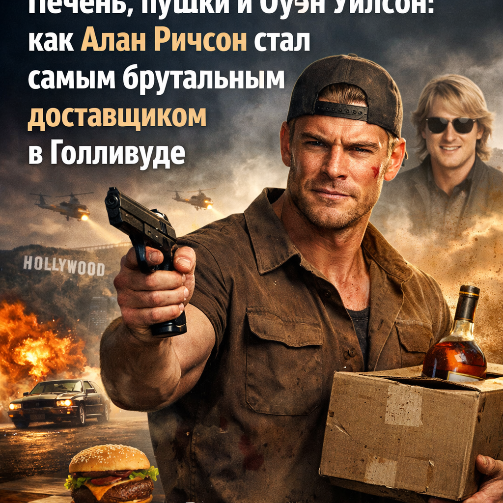 Алан Ричсон в роли брутального доставщика с пистолетом и печенью в руках, динамичный голливудский экшен-кадр