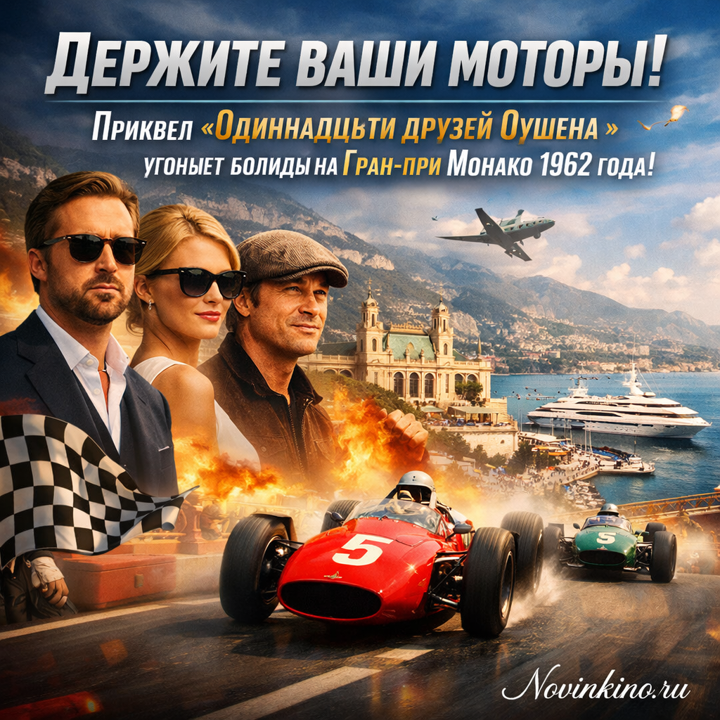 Vintage race cars speeding on the Monaco track during the 1962 Grand Prix, symbolizing a thrilling heist in the Ocean's Eleven prequel