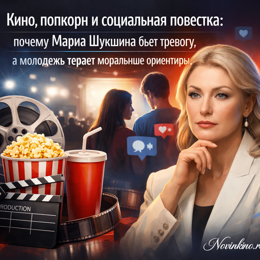Мария Шукшина на фоне кинотеатра с попкорном, символизирующая тревогу о влиянии современного кино на мораль молодежи