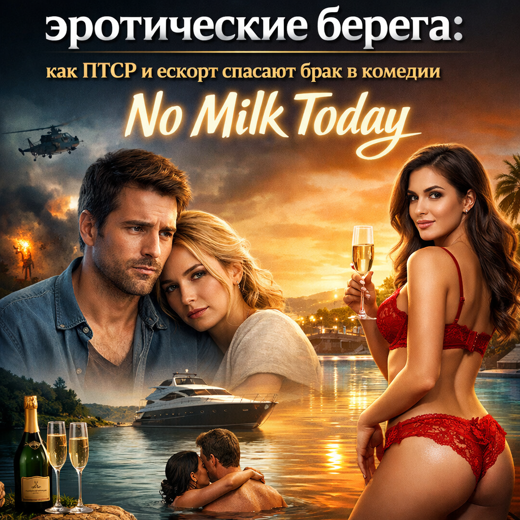 Постер комедии No Milk Today с молочными реками и эротическими берегами, символизирующими необычный сюжет о спасении брака через ПТСР и эскорт-услуги