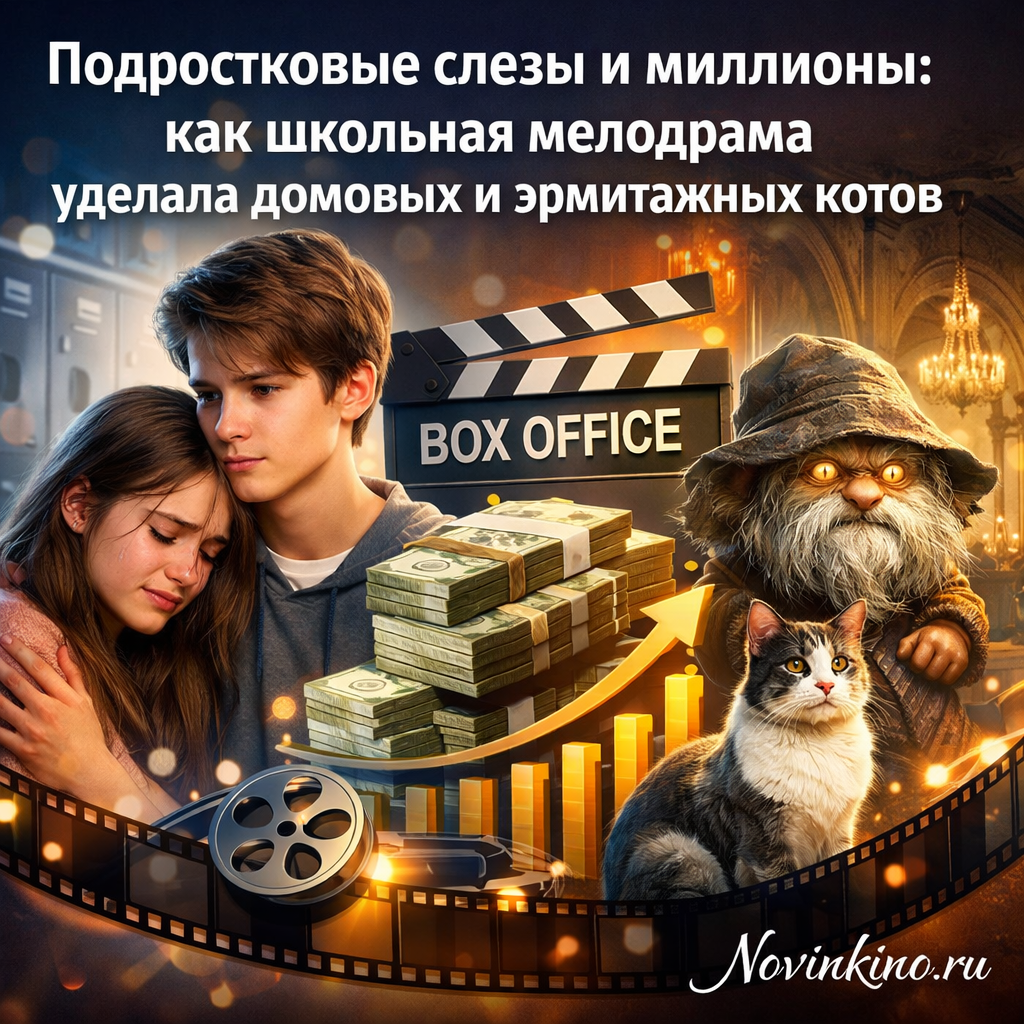 An illustrative image of a emotional teenage scene from a school melodrama, contrasted with iconic Hermitage cats, symbolizing unexpected popularity and financial success.
