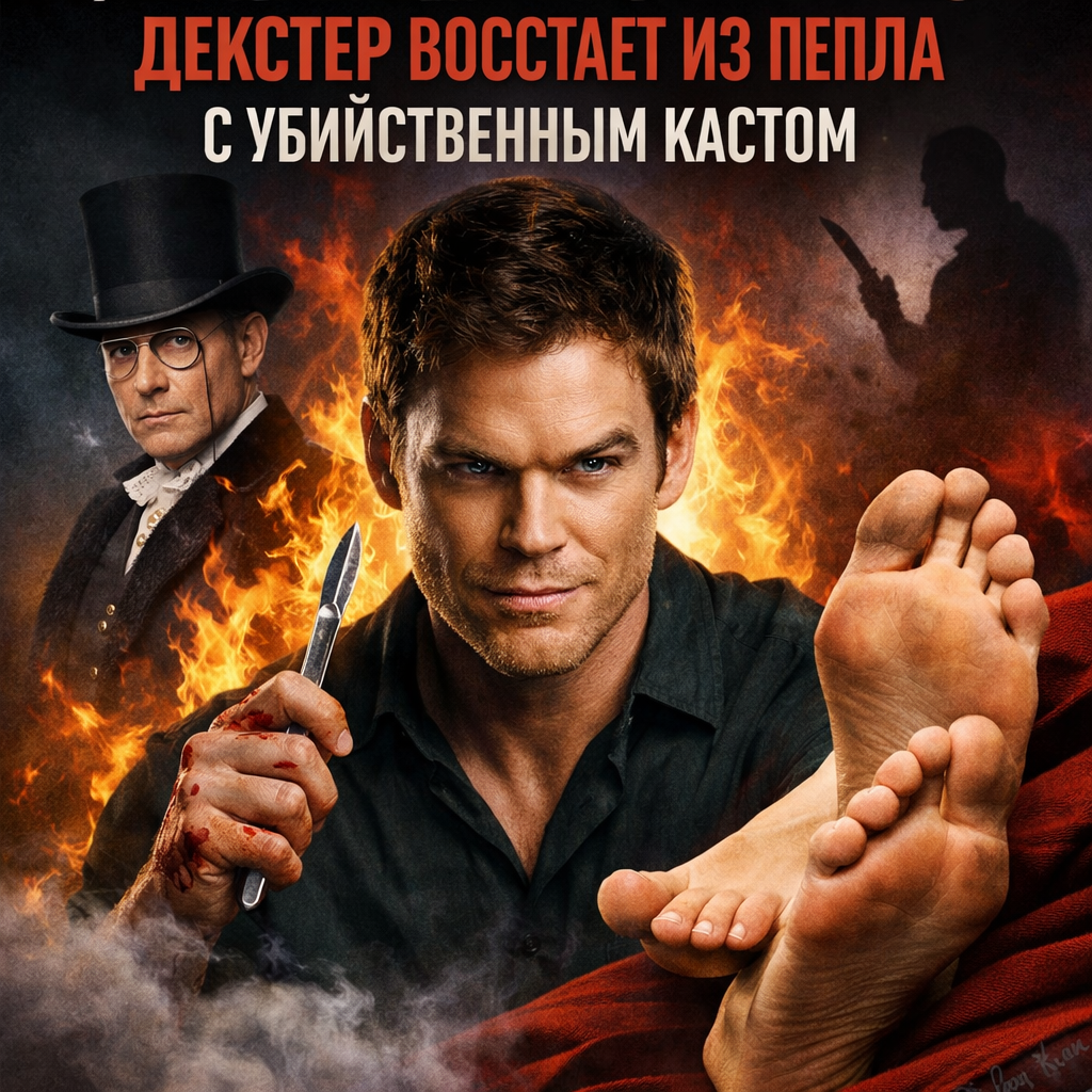Promotional image for the Dexter series revival, featuring maniacs, British lords, and a nod to Uma Thurman's feet, with a killer cast