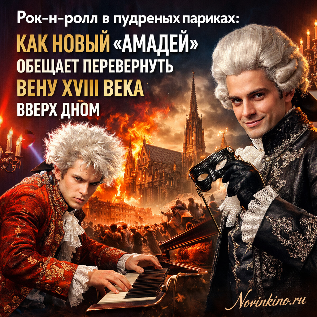 Театральная постановка «Амадей» с актерами в костюмах XVIII века, исполняющими рок-н-ролльные элементы.
