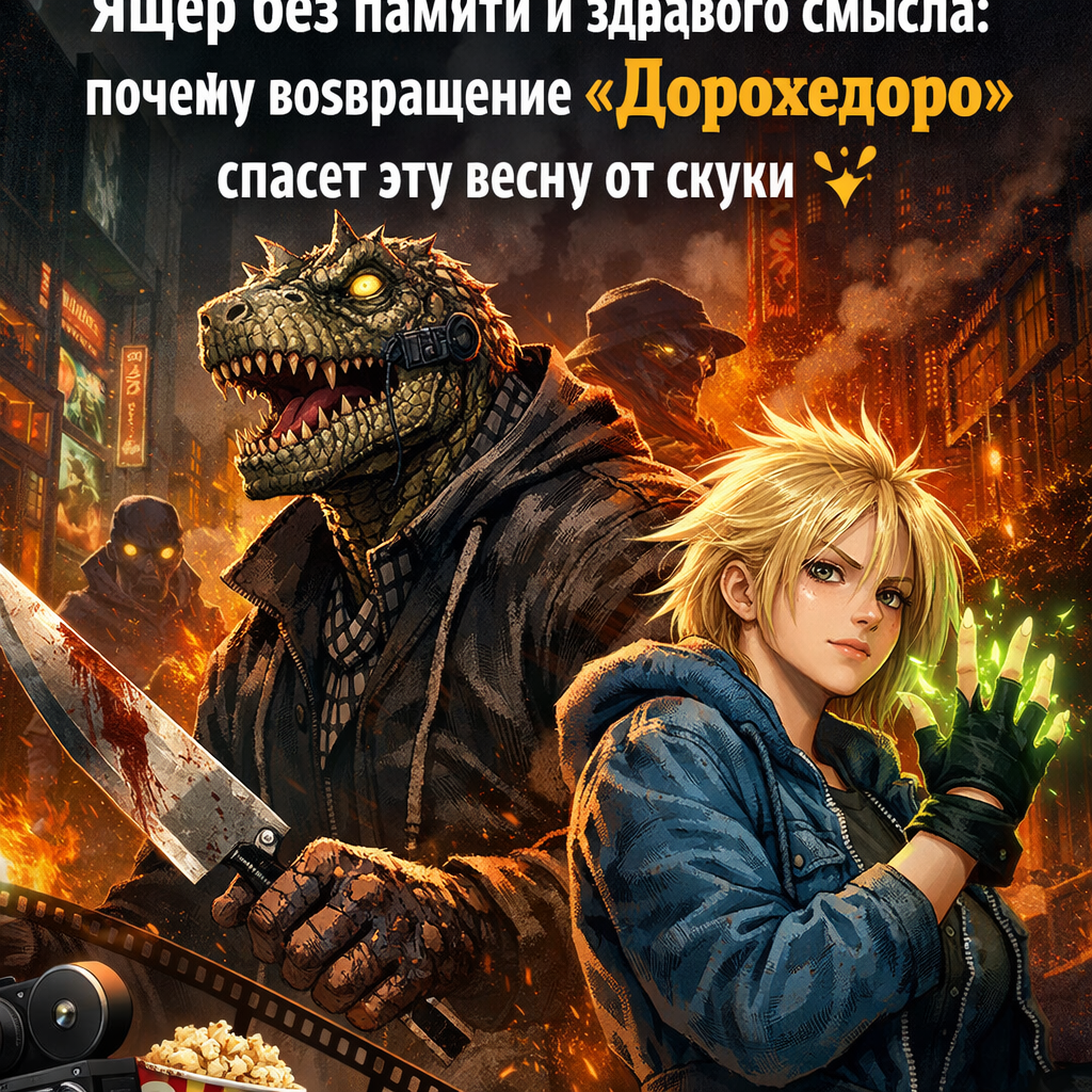 Ключевой кадр из аниме «Дорохедоро» с изображением персонажа Ящера, демонстрирующего его непредсказуемый характер.