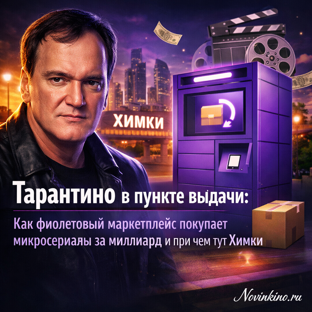 Фотография, изображающая режиссера Квентина Тарантино, стоящего у пункта выдачи заказов, стилизованного под логотип крупного маркетплейса. На заднем плане видны элементы, намекающие на город Химки. Возможно, присутствует юмористический или сатирический подтекст.