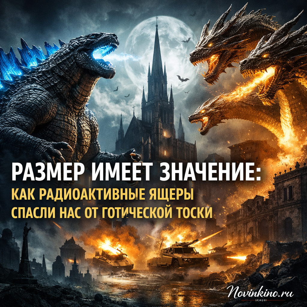 Гигантский радиоактивный ящер, освещенный лунным светом, возвышается над готическим городом, спасая его от уныния.