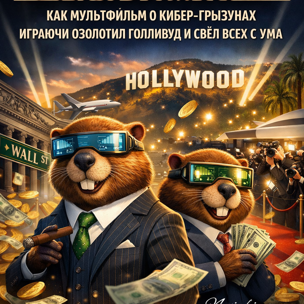 Яркий постер мультфильма «Бобры с Уолл-стрит» с забавными кибер-грызунами в деловых костюмах, держащими ноутбуки и золотые слитки на фоне биржевых графиков и небоскрёбов