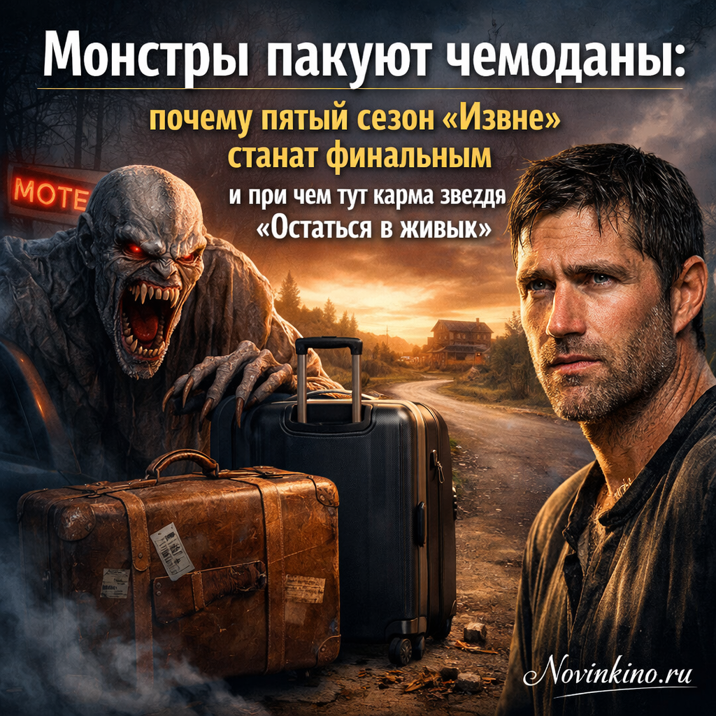 Монстры пакуют чемоданы в тёмном лесу, рядом лежит чемодан с логотипом сериала «Извне» и намёк на финал пятого сезона