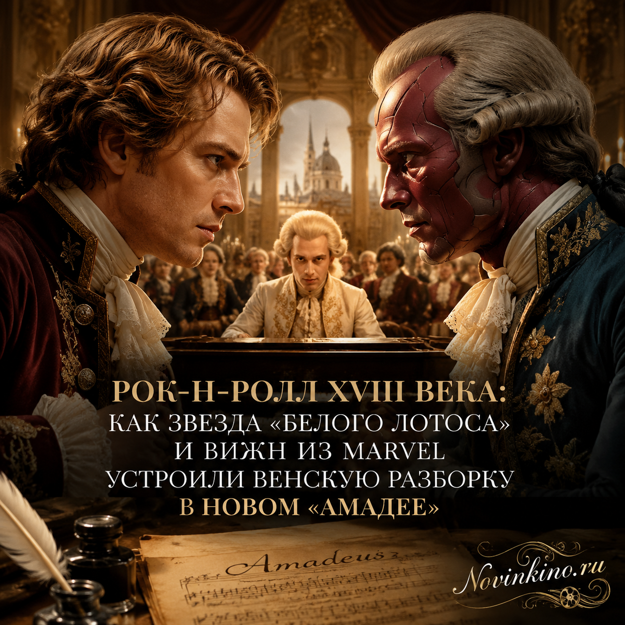 Изображение, иллюстрирующее сцену рок-н-ролла XVIII века с персонажами Белого лотоса и Вижн из Marvel.