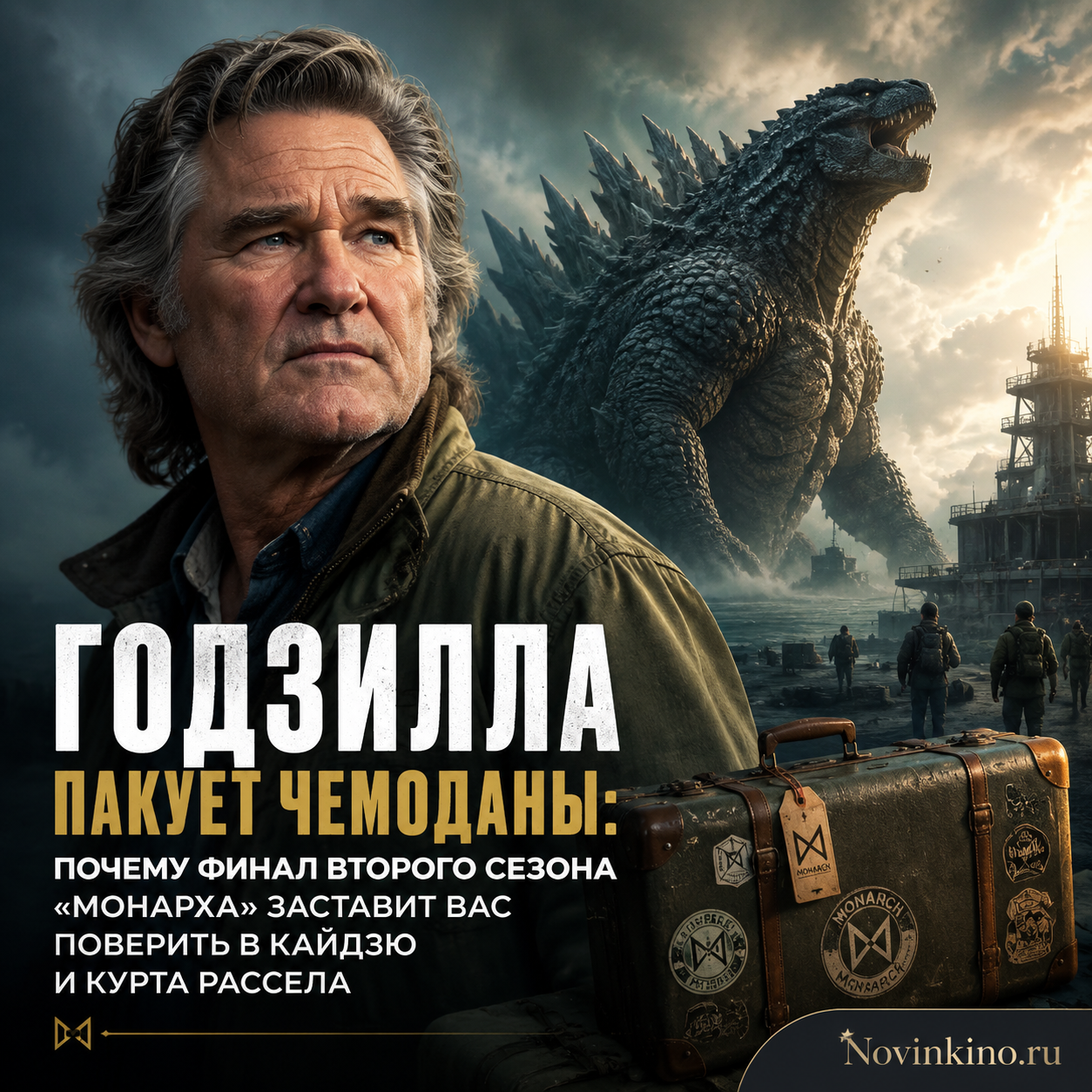 Изображение Годзиллы, собирающей чемоданы на фоне городского пейзажа.