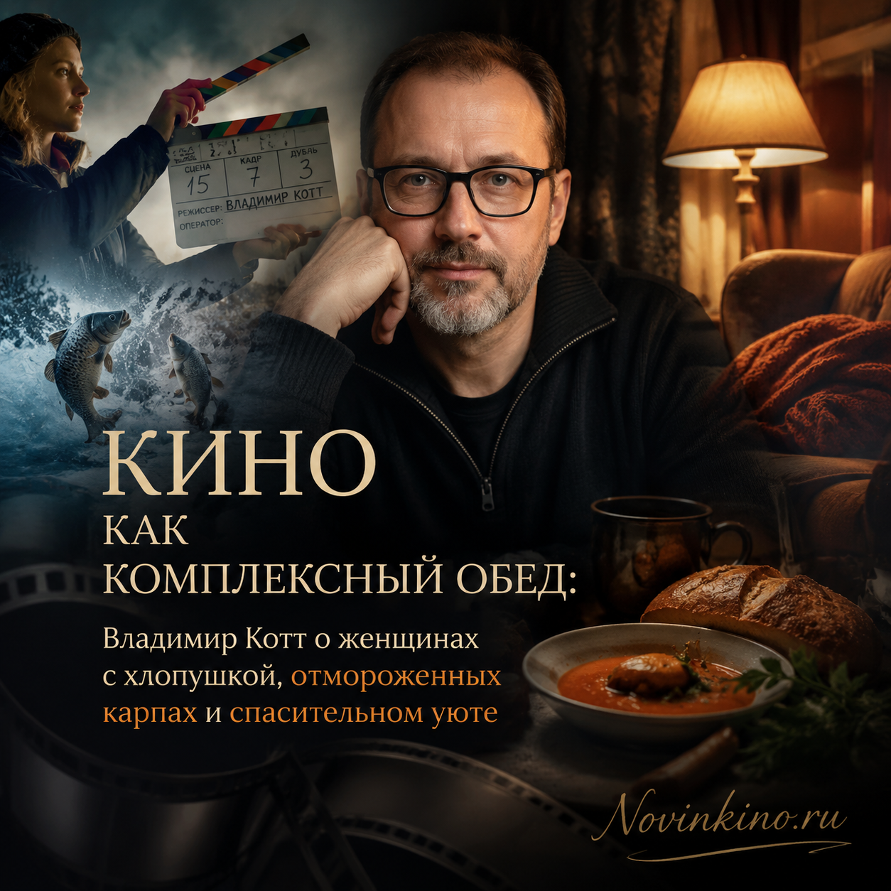 Изображение Владимира Котта, обсуждающего женщин с хлопушкой и отмороженных карпов