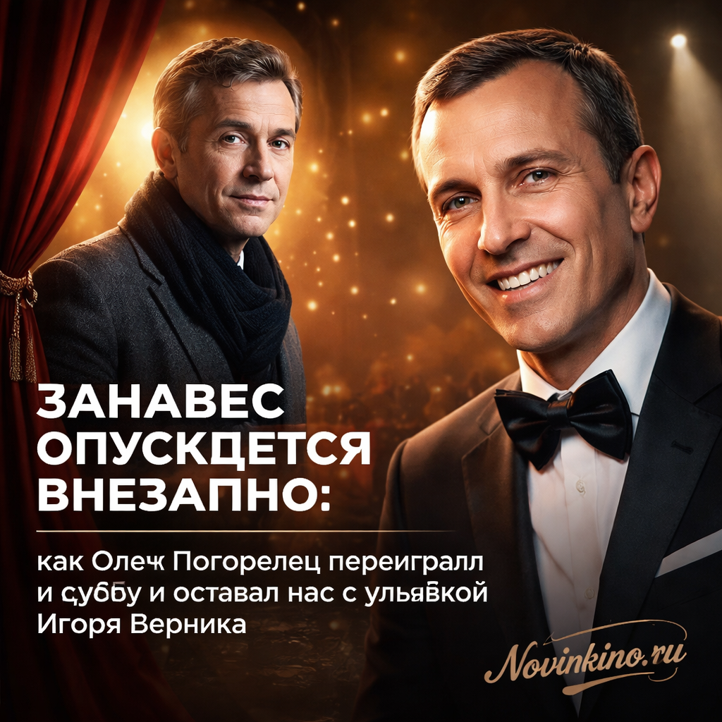 Олег Погорелец на сцене с улыбкой Игоря Верника на заднем плане.
