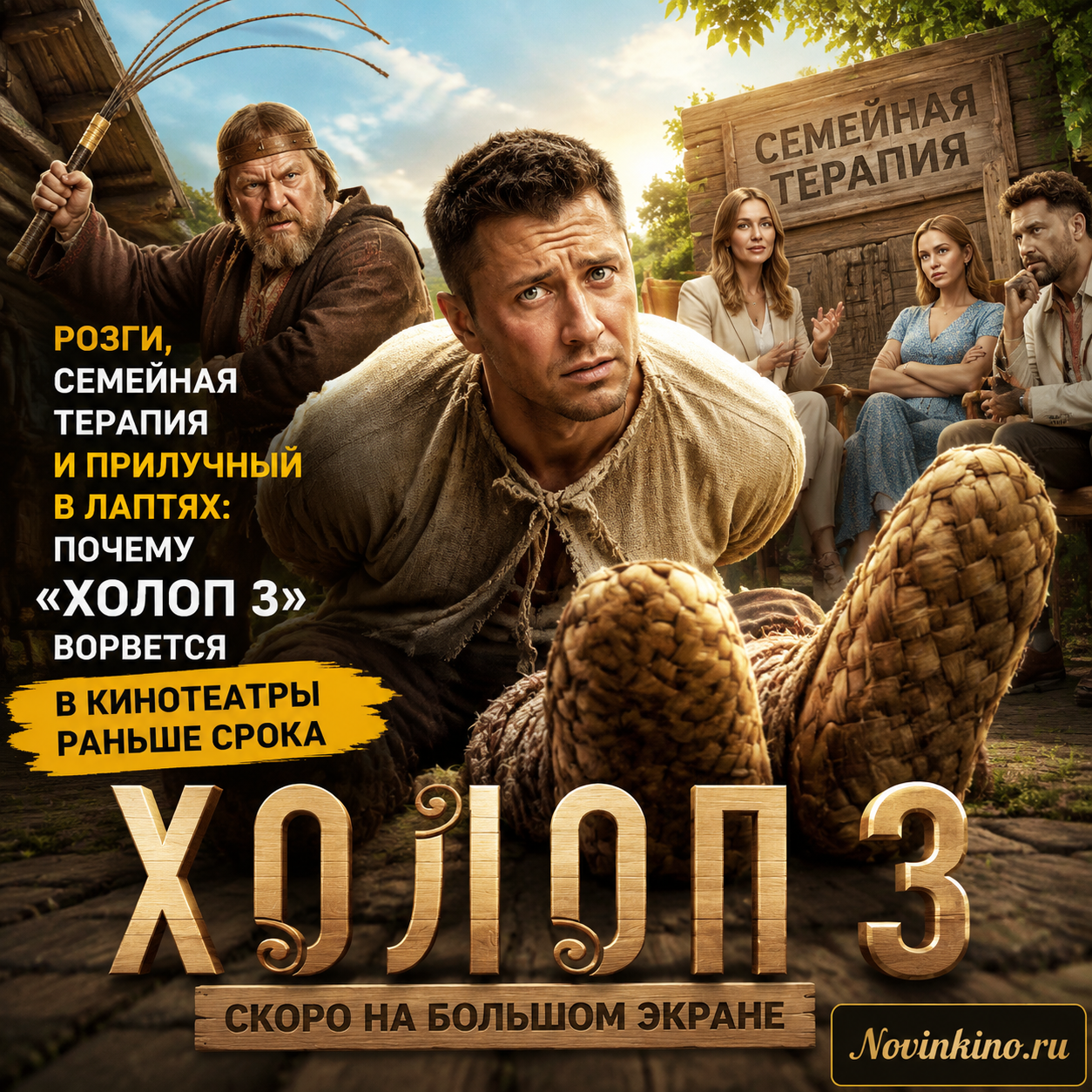 Кадр из фильма Холоп 3 с Прилучным в лаптях