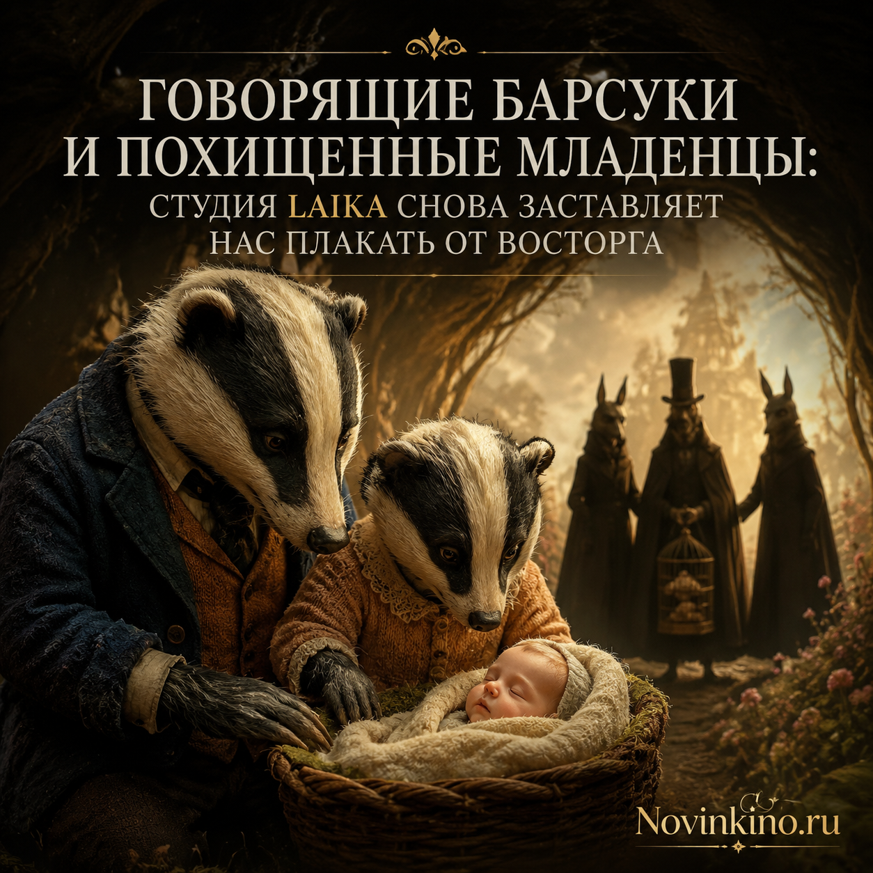 Анимационный кадр из фильма Laika с говорящими барсуками и сценой похищения младенцев