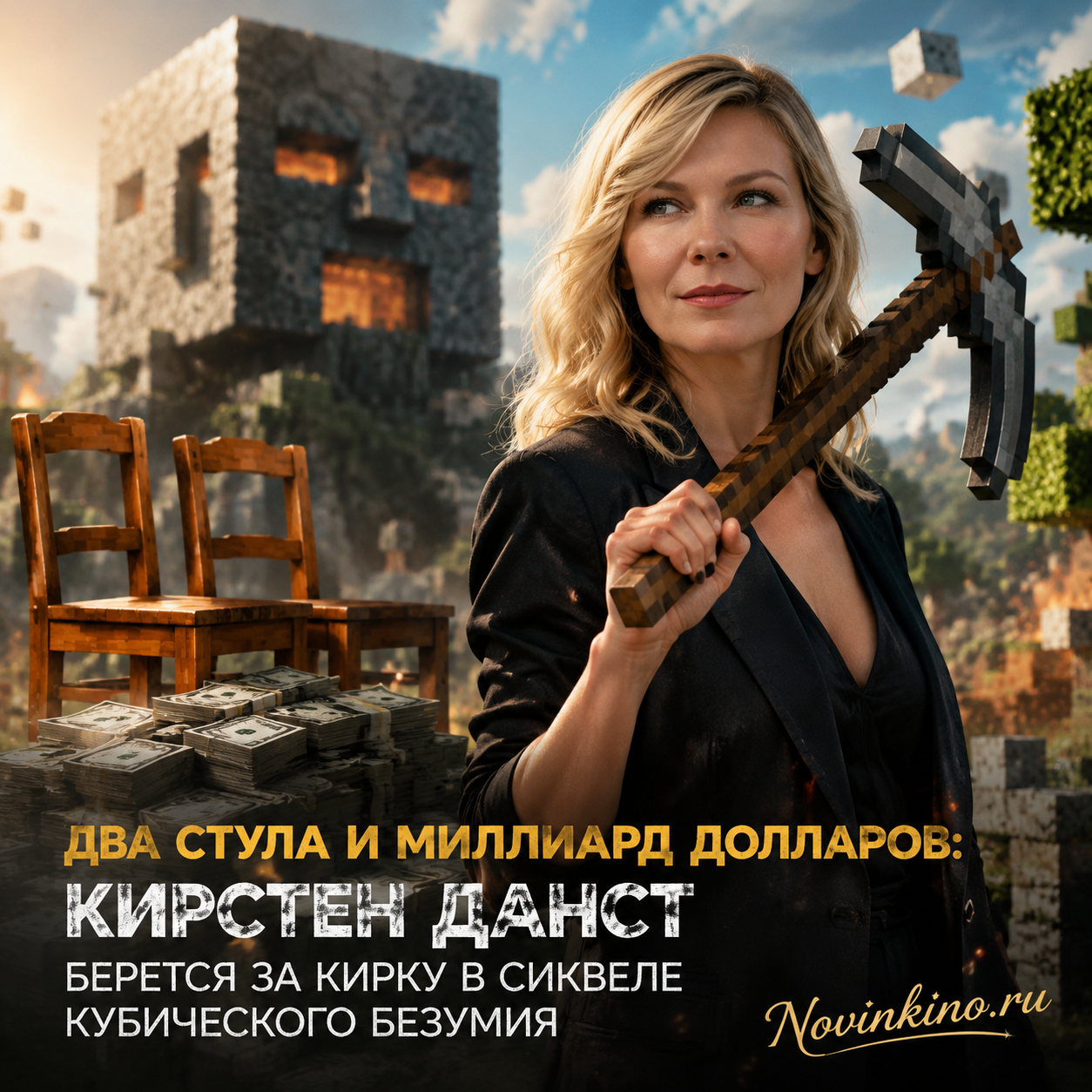 Кирстен Данст с киркой на фоне двух стульев и символического миллиарда долларов.