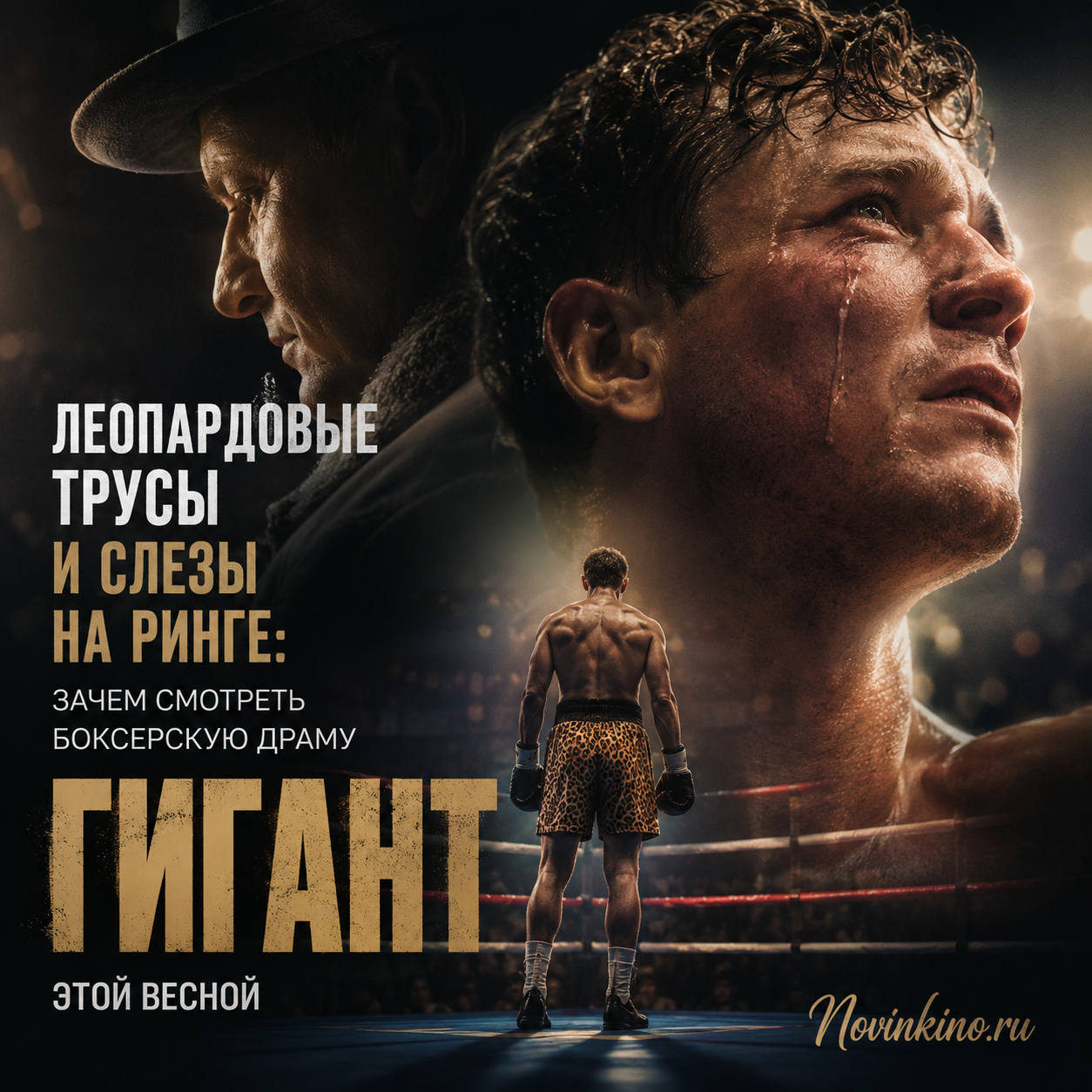 Боксер в леопардовых трусах на ринге, показывающий эмоции во время боя.