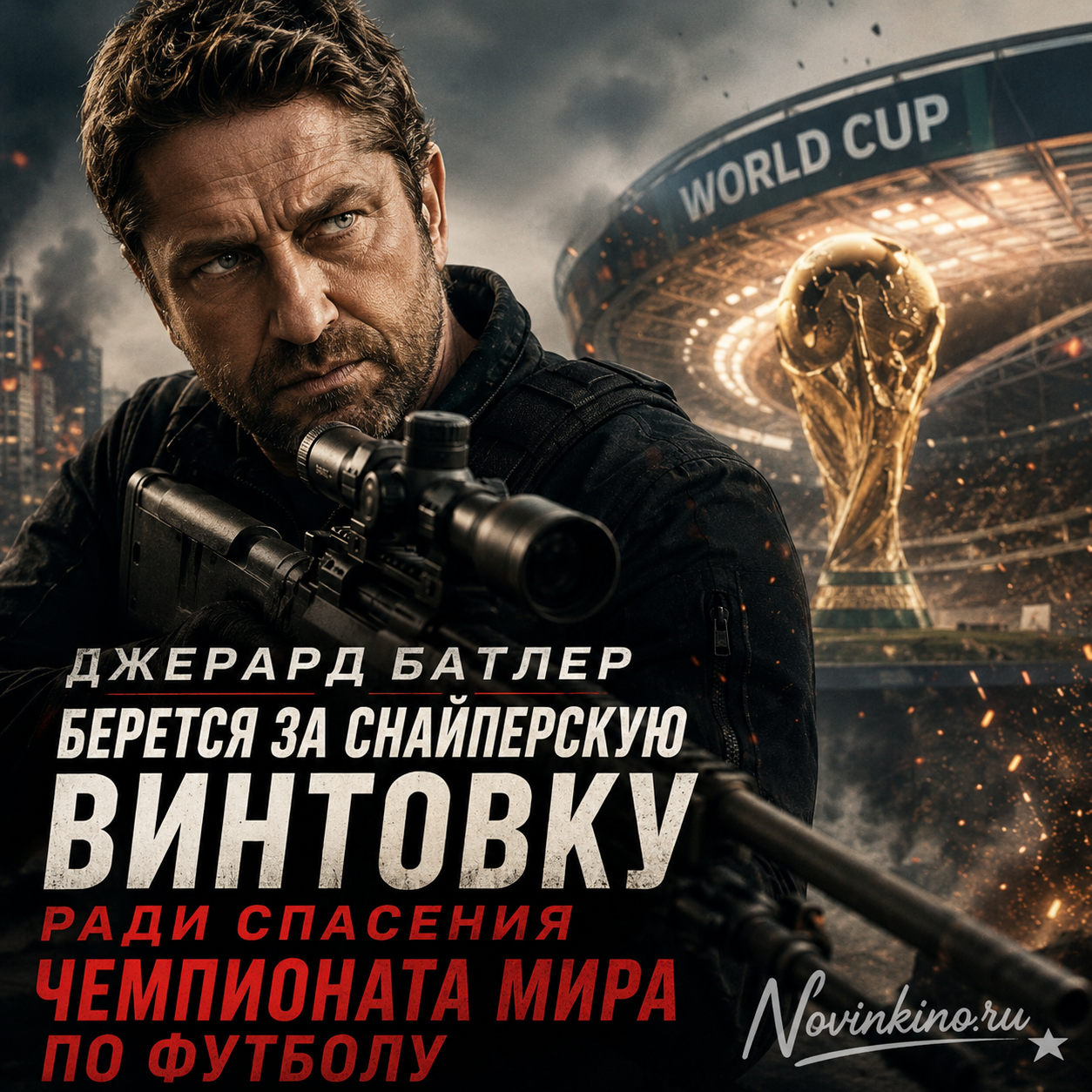 Джерард Батлер готовится к действиям с снайперской винтовкой на фоне Чемпионата мира по футболу