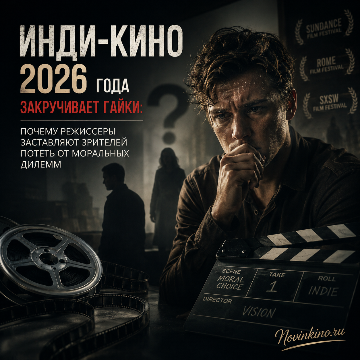 Постер инди-фильма 2026 года с изображением режиссера и актеров в напряженной сцене