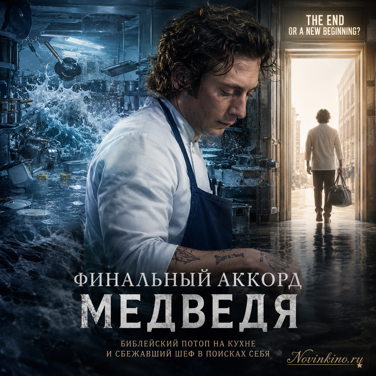 Изображение, иллюстрирующее библейский потоп на кухне с медведем и сбежавшим шефом.