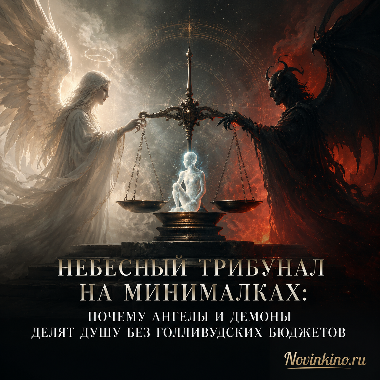 Минималистичное изображение небесного трибунала с ангелами и демонами