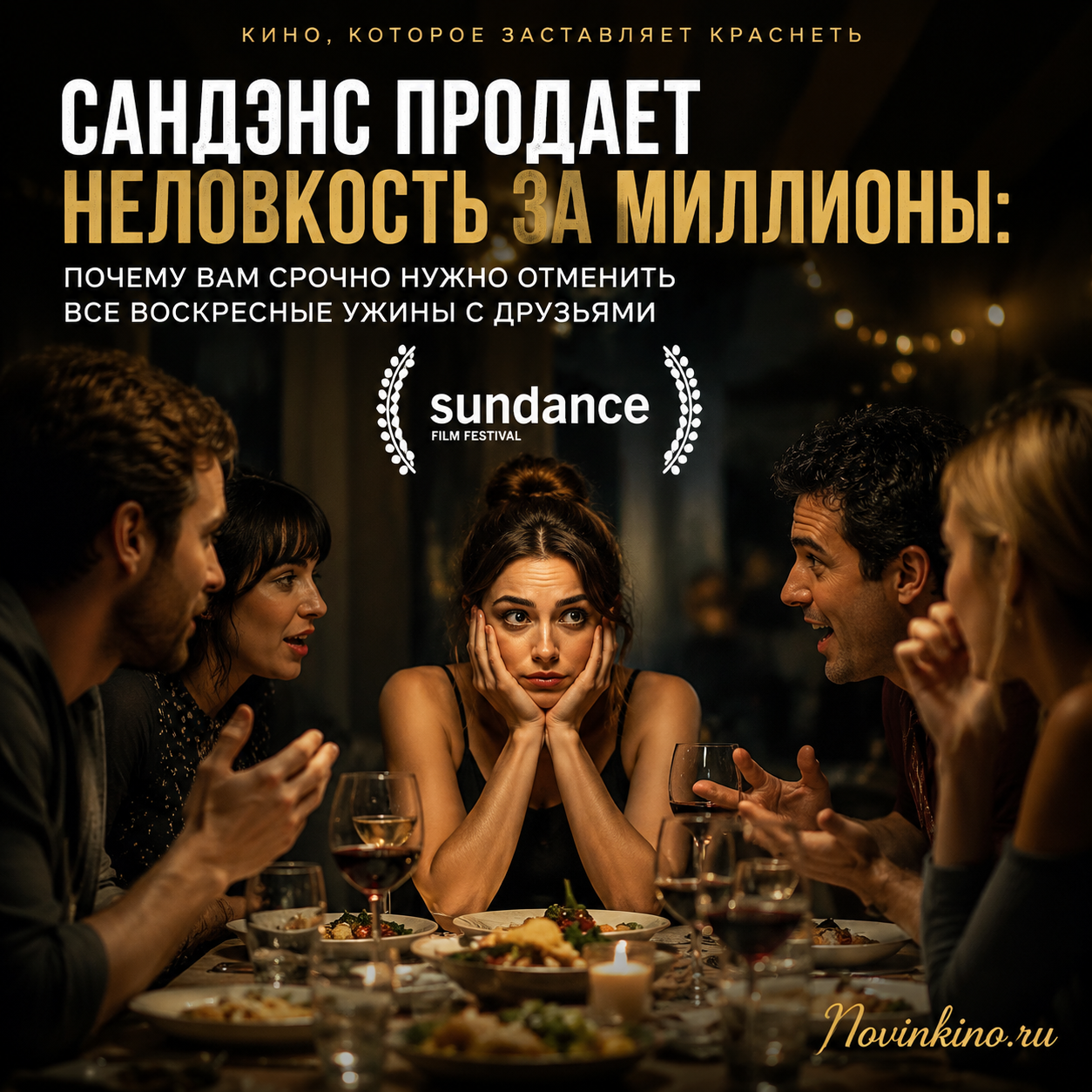 Сцена с неловким моментом на ужине, символизирующая проблемы общения.