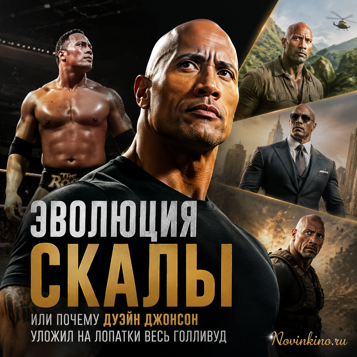 Дуэйн Джонсон в различных ролях на фоне Голливуда